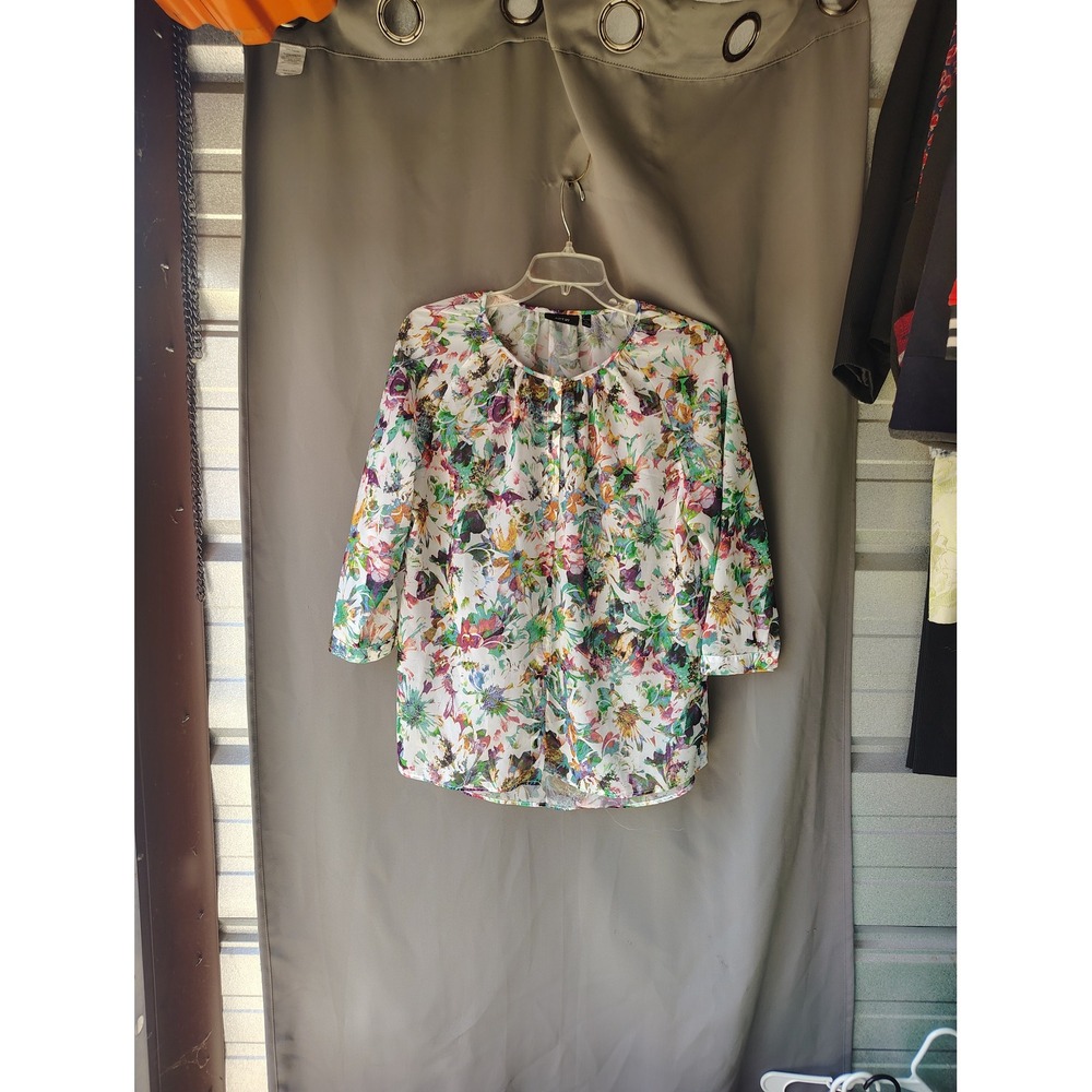 Apt. 9 Womens Petite Large Floral 3/4 Sleeve Blouse Multi-Color Round Neck Top